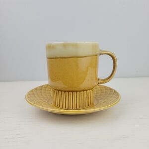 Vintage MCM Stoneware Yellow Gold Coffee Cup Mug and Saucer